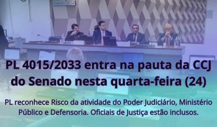 Nesta quarta-feira (24/04) o PL nº 4015/2023, que trata do risco da atividade exercida por categorias do Poder Judiciário e Ministério Público, volta à pauta da Comissão de Constituição e de Justiça (CCJ) do Senado.